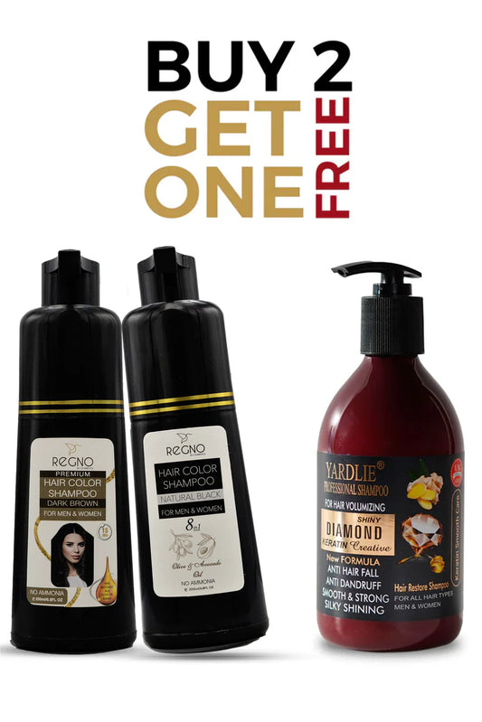 Buy 2 Regno Hair Color Shampoo and Get Diamond Shampoo Free.